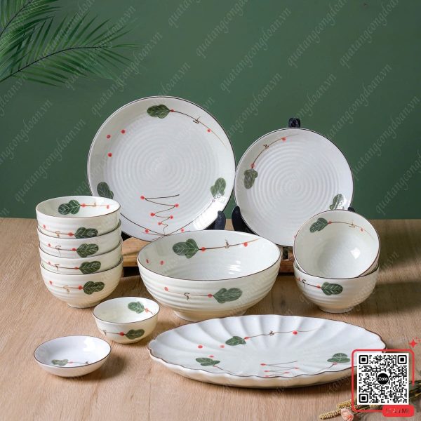 Bộ Bát Đĩa Bát Tràng Cao Cấp Họa Tiết Cherry Tuyết 5 Bát đĩa Bát Tràng cao cấp làm quà tặng sinh nhật công nhân