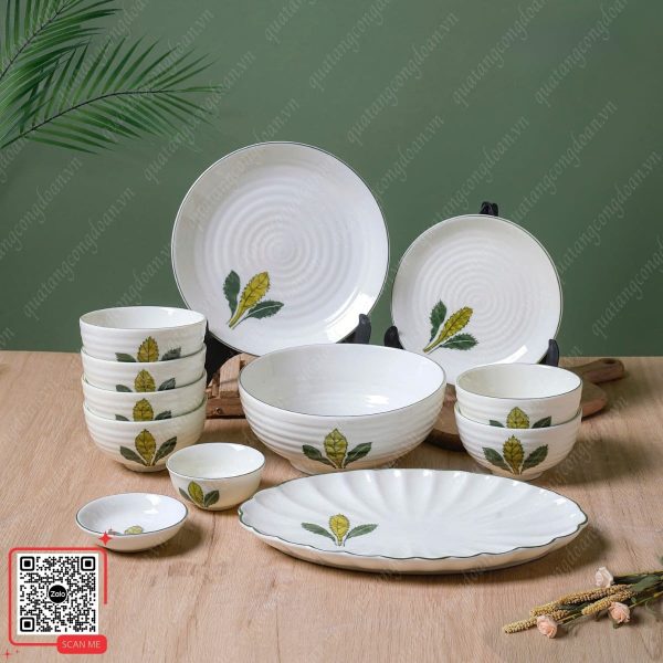 Bộ Bát Đĩa Bát Tràng Họa Tiết Lá Xương Rồng 5 Bộ bát đĩa Bát Tràng men kem vẽ lá xương rồng tặng công nhân