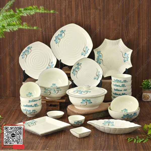 Bộ Bát Đĩa Bát Tràng Vẽ Hoa Sen Xanh 6 Bát đĩa đẹp hoa sen xanh cao cấp
