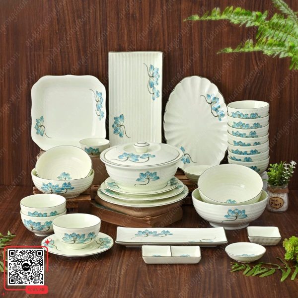 Bộ Bát Đĩa Bát Tràng Vẽ Hoa Sen Xanh 8 Bát đĩa đẹp hoa sen xanh quà tặng công đoàn viên