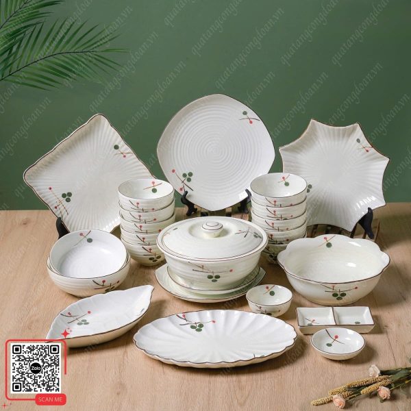 Bát Đĩa Gốm Sứ Bát Tràng Họa Tiết Ngò Gai 7 Bộ bát đĩa Bát Tràng đẹp tặng công nhân
