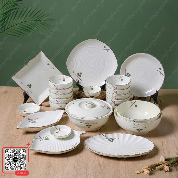 Bát Đĩa Gốm Sứ Bát Tràng Họa Tiết Ngò Gai 8 Bộ bát đĩa Bát Tràng giá sỉ quà tặng công nhân