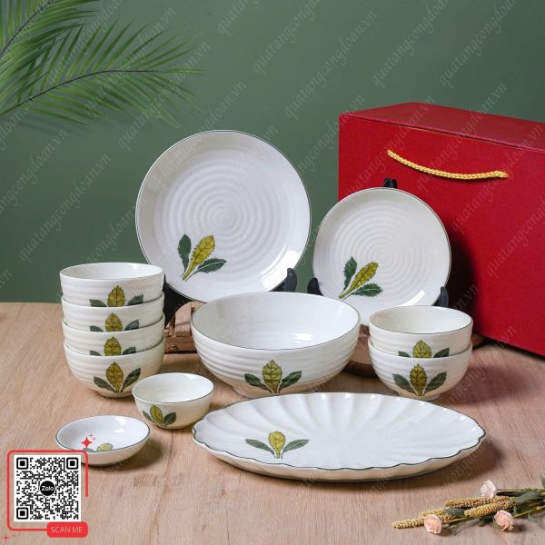 Bộ Bát Đĩa Bát Tràng Họa Tiết Lá Xương Rồng 4 Bát đĩa gốm sứ Bát Tràng men kem họa tiết lá xương rồng