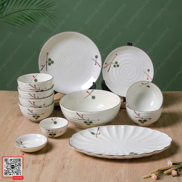 Bát Đĩa Gốm Sứ Bát Tràng Họa Tiết Ngò Gai 9 Bát đĩa sứ Bát Tràng 12 món họa tiết ngò gai