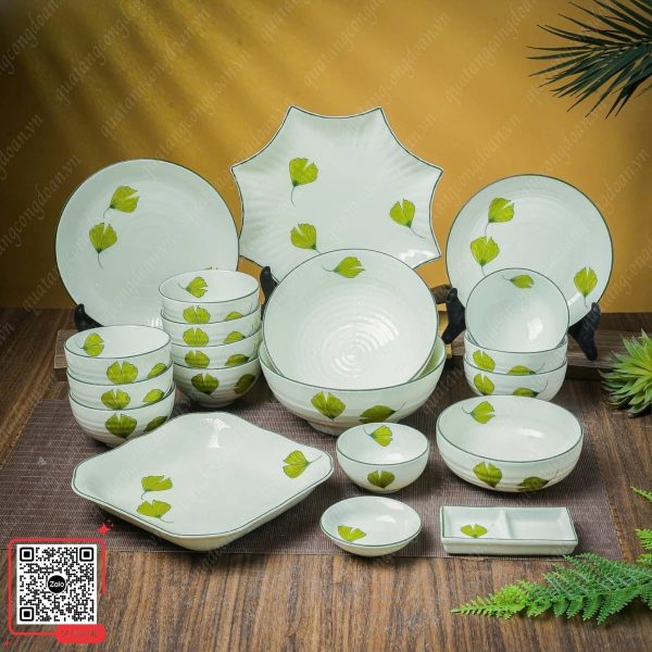 Bộ Bát Đĩa Men Kem Kem Họa Tiết Lá Rẻ Quạt 8 Bát đĩa gốm sứ in logo theo yêu cầu số lượng lớn