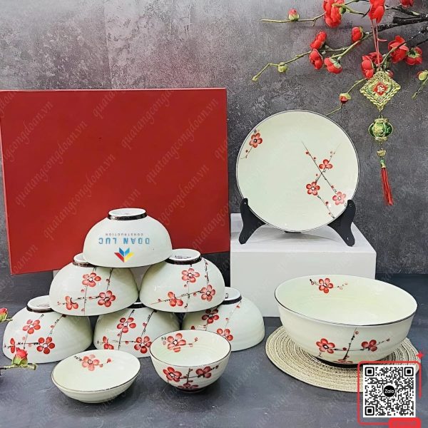 Bộ Bát Đĩa Bát Tràng Họa Tiết Hoa Đào Đỏ 6 Bát đĩa gốm sứ nhà hàng quà tặng công đoàn công nhân