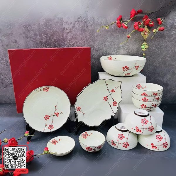 Bộ Bát Đĩa Bát Tràng Họa Tiết Hoa Đào Đỏ 5 Bát đĩa gốm sứ quà tặng công đoàn
