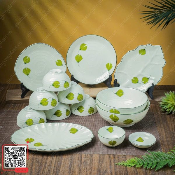 Bộ Bát Đĩa Men Kem Kem Họa Tiết Lá Rẻ Quạt 7 Bát đĩa in logo làm quà tặng công nhân viên