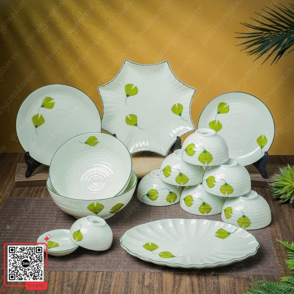 Bộ Bát Đĩa Men Kem Kem Họa Tiết Lá Rẻ Quạt 6 Bát đĩa in logo theo yêu cầu sản xuất tại Bát Tràng
