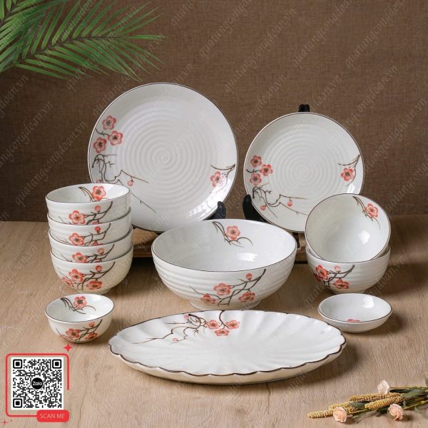 Bộ Bát Đĩa Nhà Hàng Cao Cấp Họa Tiết Hoa Hải Đường 5 Bát đĩa nhà hàng cao cấp men kem họa tiết hoa hải đường