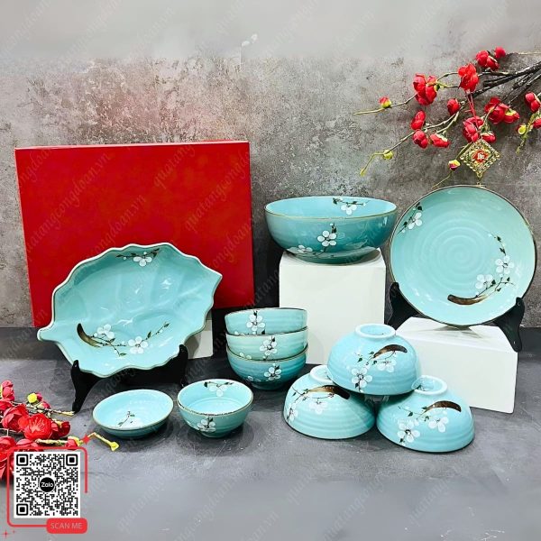 Bộ Bát Đĩa Bát Tràng Men Ngọc Vẽ Hoa Đào Trắng 8 Bộ bát đĩa nhà hàng men ngọc hoa văn hoa đào