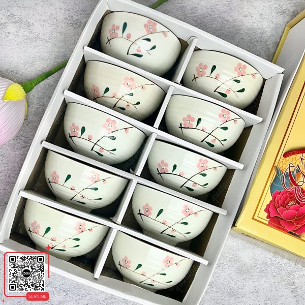 Bộ 10 Bát Con Bát Tràng - Quà Tặng Cuối Năm Cho Công Nhân 6 Bộ 10 bát họa tiết hoa đào