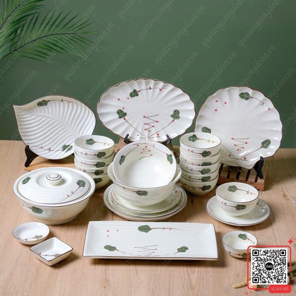 Bộ Bát Đĩa Bát Tràng Cao Cấp Họa Tiết Cherry Tuyết 6 Bộ bát đĩa Bát Tràng men kem họa tiết đẹp mắt