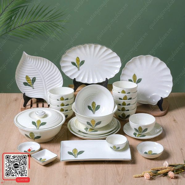 Bộ Bát Đĩa Bát Tràng Họa Tiết Lá Xương Rồng 8 Bộ bát đĩa Bát Tràng đẹp tặng công nhân