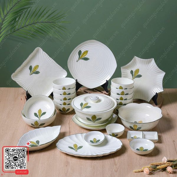 Bộ Bát Đĩa Bát Tràng Họa Tiết Lá Xương Rồng 7 Bộ bát đĩa Bát Tràng giá sỉ quà tặng công nhân