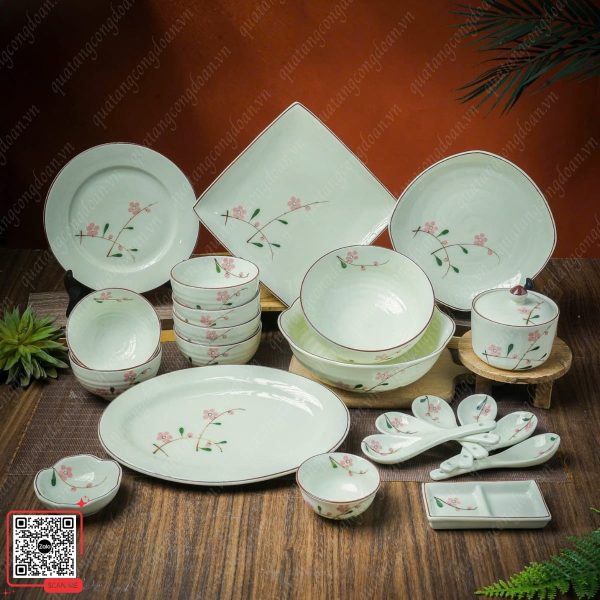 Bộ Bát Đĩa Bát Tràng Họa tiết Hoa Đào Hồng 6 Bộ bát đĩa Bát Tràng men kem quà tặng 20/10 giá tốt