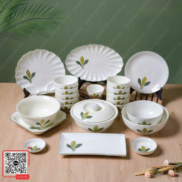Bộ Bát Đĩa Bát Tràng Họa Tiết Lá Xương Rồng 6 Bộ bát đĩa Bát Tràng men kem quà Tết