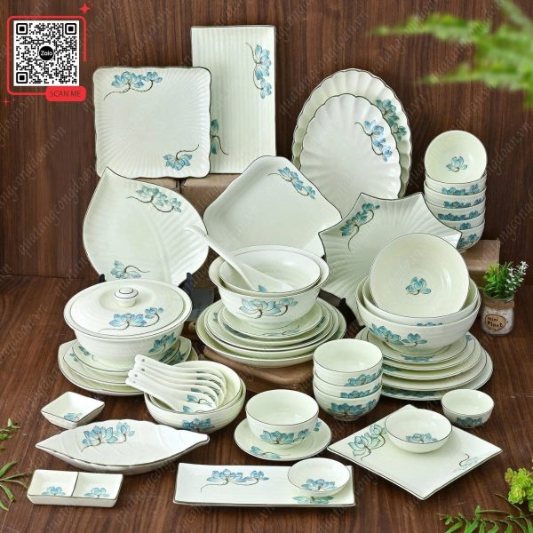 Bộ Bát Đĩa Bát Tràng Vẽ Hoa Sen Xanh 7 Bộ bát đĩa đẹp gốm sứ hoa sen xanh