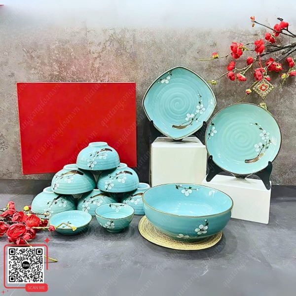 Bộ Bát Đĩa Bát Tràng Men Ngọc Vẽ Hoa Đào Trắng 7 Bộ bát đĩa men ngọc giá sỉ cho nhà hàng