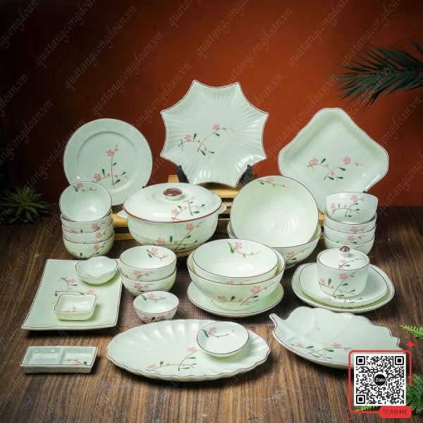 Bộ Bát Đĩa Bát Tràng Họa tiết Hoa Đào Hồng 5 Bộ bát đĩa gốm sứ Bát Tràng họa tiết hoa đào men kem