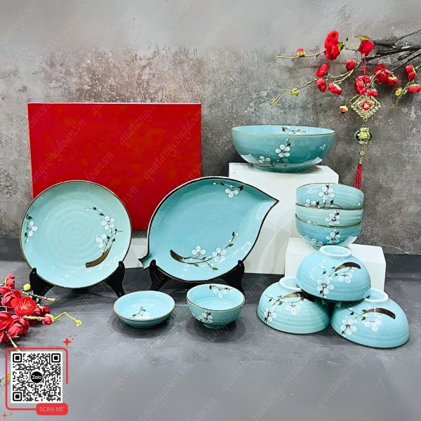 Bộ Bát Đĩa Bát Tràng Men Ngọc Vẽ Hoa Đào Trắng 6 Bộ bát đĩa gốm Bát Tràng men ngọc hoa đào trắng