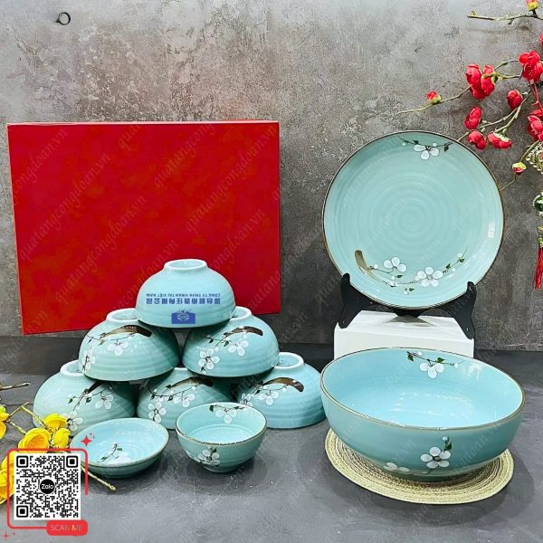Bộ Bát Đĩa Bát Tràng Men Ngọc Vẽ Hoa Đào Trắng 5 Bộ bát đĩa đẹp cho nhà hàng giá rẻ