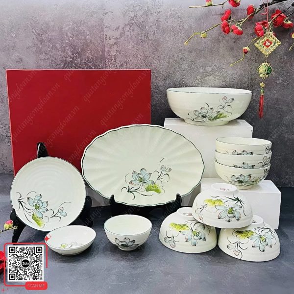 Bộ Bát Đĩa Bát Tràng Đẹp Giá Rẻ Tặng Công Đoàn Viên 5 Bộ bát đĩa hoa sen Bát Tràng quà tặng ý nghĩa