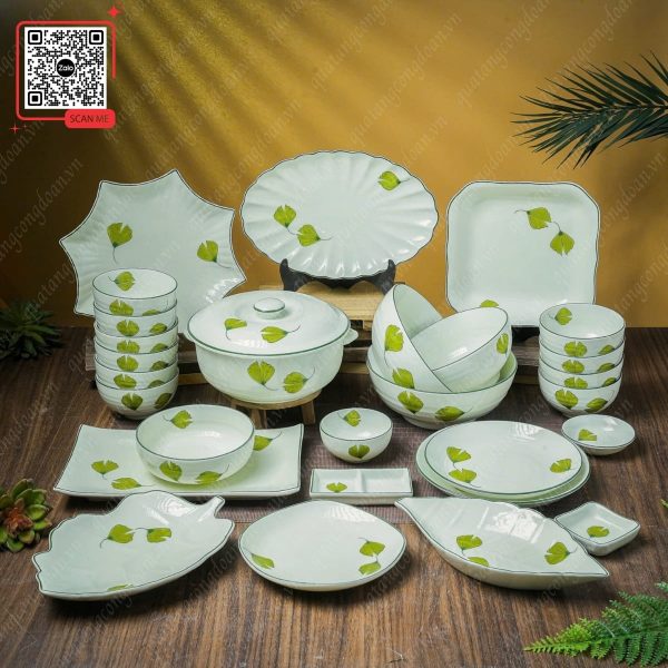 Bộ Bát Đĩa Men Kem Kem Họa Tiết Lá Rẻ Quạt 5 Bộ bát đĩa in logo công ty giá tốt