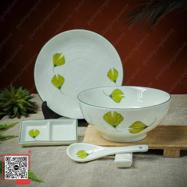 Bộ Bát Đĩa Men Kem Kem Họa Tiết Lá Rẻ Quạt 4 Bộ bát đĩa in logo uy tín chất lượng cao