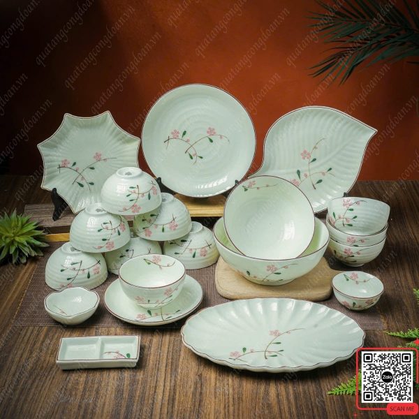 Bộ Bát Đĩa Bát Tràng Họa tiết Hoa Đào Hồng 4 Bộ bát đĩa men kem làm quà 20/10 cho công ty