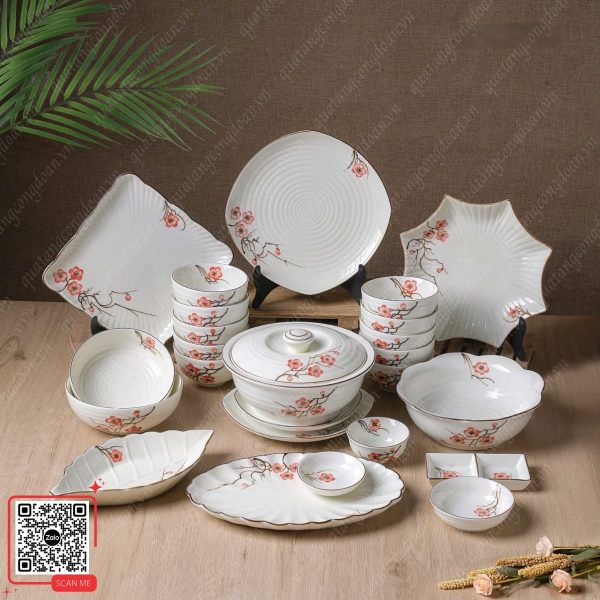 Bộ Bát Đĩa Nhà Hàng Cao Cấp Họa Tiết Hoa Hải Đường 7 Bộ bát đĩa nhà hàng cao cấp giá tốt