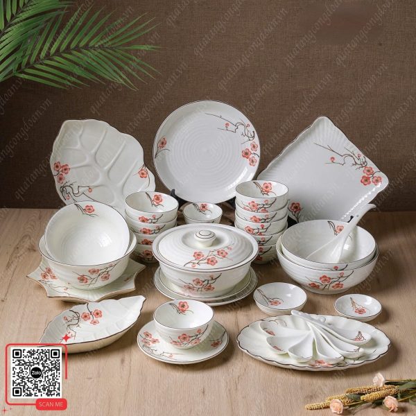 Bộ Bát Đĩa Nhà Hàng Cao Cấp Họa Tiết Hoa Hải Đường 6 Bộ bát đĩa nhà hàng cao cấp sang trọng men kem