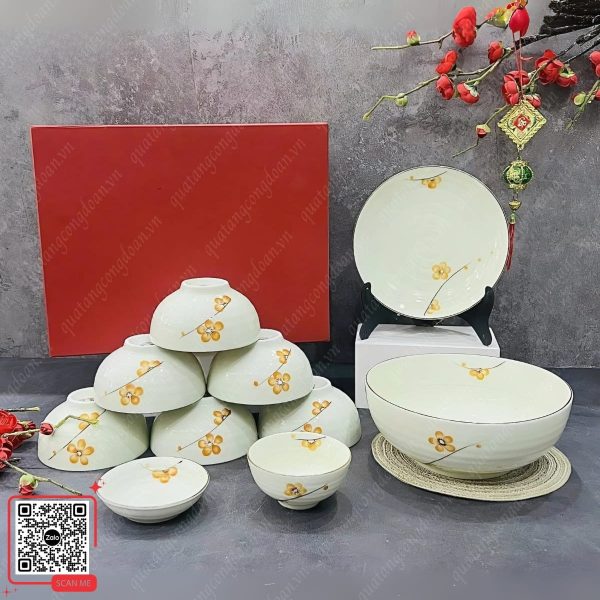 Bộ Bát Đĩa Gốm Sứ Bát Tràng Vẽ Tay Hoa Mai 5 Bộ bát đĩa quà tặng công đoàn họa tiết hoa mai vàng