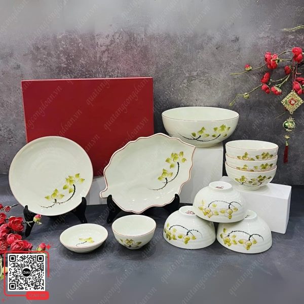 Bộ Bát Đĩa Họa Tiết Hoa Sen Vàng Vẽ Tay 6 Bộ bát đĩa quà tặng công đoàn giá rẻ