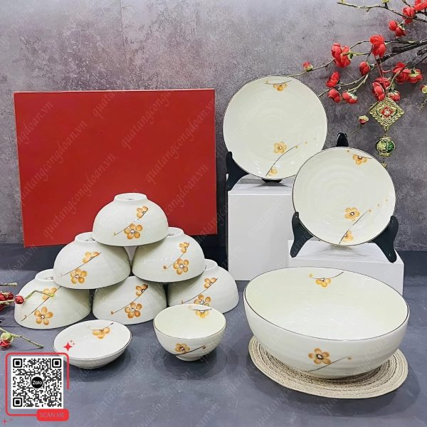 Bộ Bát Đĩa Gốm Sứ Bát Tràng Vẽ Tay Hoa Mai 7 Bộ bát đĩa hoa sen cam cao cấp quà tặng