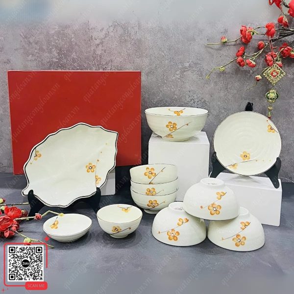 Bộ Bát Đĩa Gốm Sứ Bát Tràng Vẽ Tay Hoa Mai 6 Bộ bát đĩa sen cam làm quà tặng công nhân