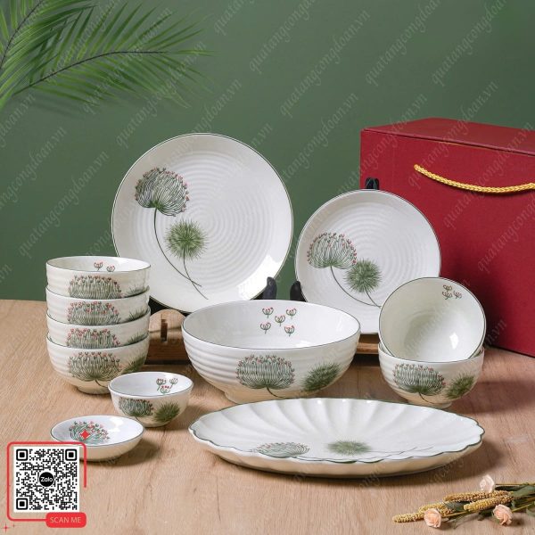 Bộ Bát Đĩa Sứ Cao Cấp Họa Tiết Hoa Bồ Công Anh 4 Bộ bát đĩa sứ cao cấp làm quà Tết men kem