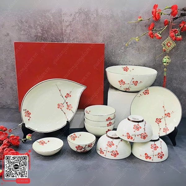 Bộ Bát Đĩa Bát Tràng Họa Tiết Hoa Đào Đỏ 4 Bộ bát đĩa nhà hàng hoa đào cao cấp