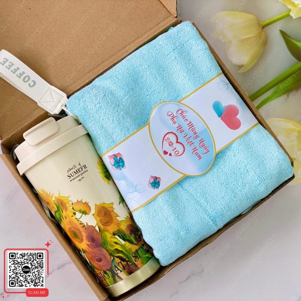 Set Quà Tặng Bình/Ly Giữ Nhiệt & Khăn 6 Bộ quà tặng 20/10 khăn và ly giữ nhiệt in logo theo yêu cầu