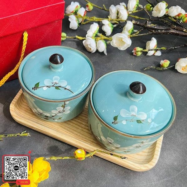 Hũ Đựng Mứt Tết Hoa Đào Trắng Men Xanh 4 Hũ đựng mứt tết giá xưởng
