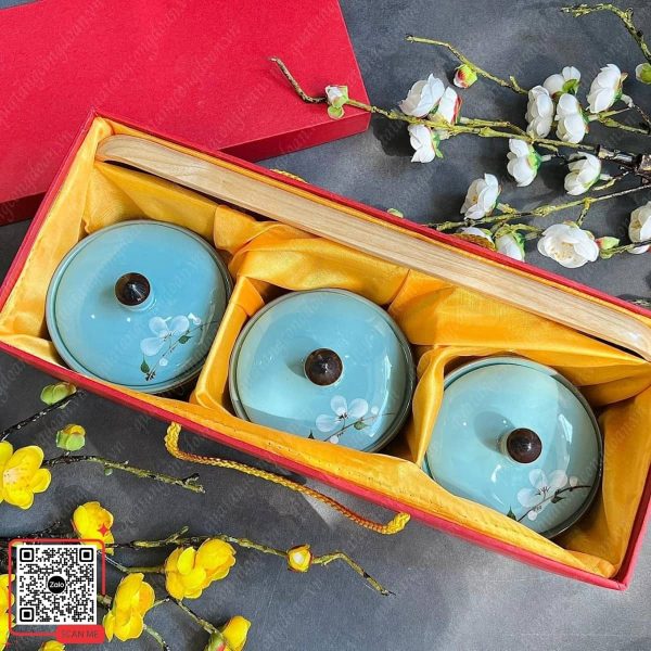 Hũ Đựng Mứt Tết Hoa Đào Trắng Men Xanh 6 Set 3 hũ đựng mứt tết quà tặng công đoàn cho công nhân