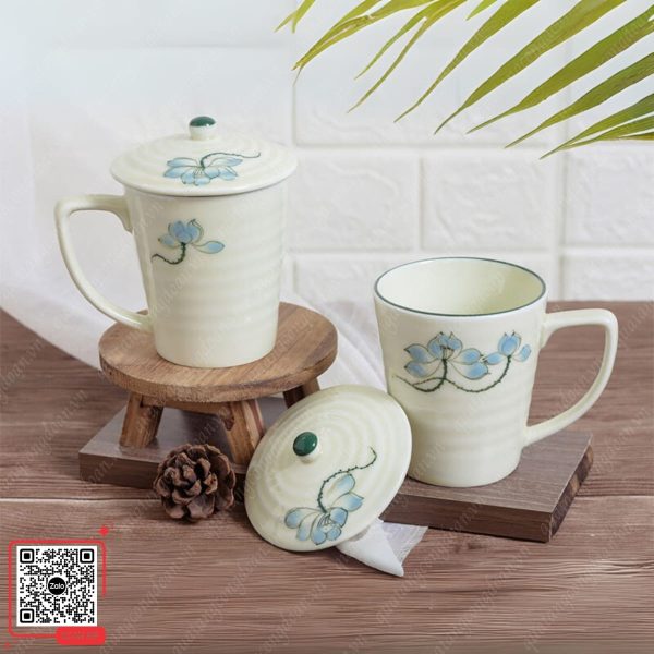 Ly Sứ Men Kem Bát Tràng 4 Ly sứ Bát Tràng họa tiết hoa sen