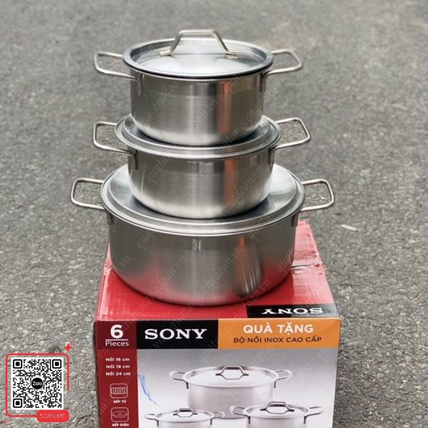 Bộ Nồi Inox Sony 6 Bộ 3 nồi inox khắc logo cao cấp