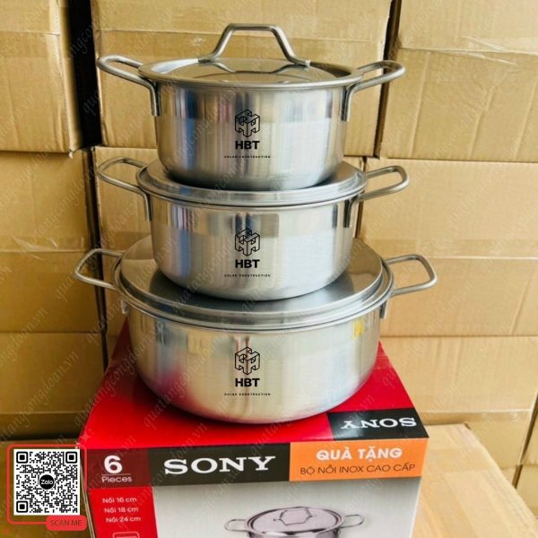 Bộ Nồi Inox Sony 5 Bộ 3 nồi inox khắc logo công ty, quà tặng doanh nghiệp sang trọng