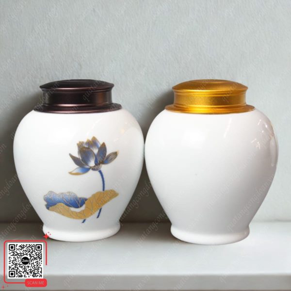 Hũ Đựng Trà Bát Tràng Họa Tiết Sen 6 Hũ đựng trà Bát Tràng họa tiết sen men trắng