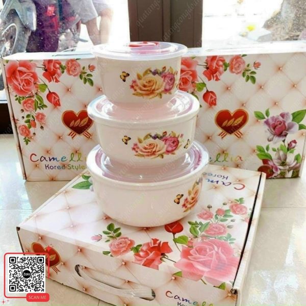 Bộ 3 Bát Sứ Có Nắp Hút Chân Không Tiện Lợi 8 Bát sứ có nắp hút chân không tiện lợi dùng làm quà tặng 8/3