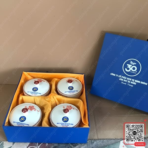 Hũ Đựng Mứt In Logo Công Ty Cổ Phần Dịch Vụ Sân Bay Đà Nẵng 8 Set 4 hũ đựng mứt sứ Bát Tràng in logo công ty