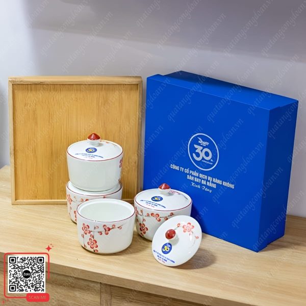 Hũ Đựng Mứt In Logo Công Ty Cổ Phần Dịch Vụ Sân Bay Đà Nẵng 9 Set 4 hũ đựng mứt sứ Bát Tràng làm quà tết nhân viên