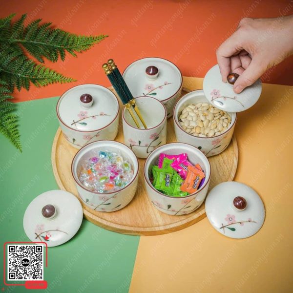 Set 3 Hũ Đựng Mứt Sứ Bát Tràng Họa Tiết Hoa Đào 7 Bộ 5 hũ đựng mứt bằng sứ họa tiết hoa đào