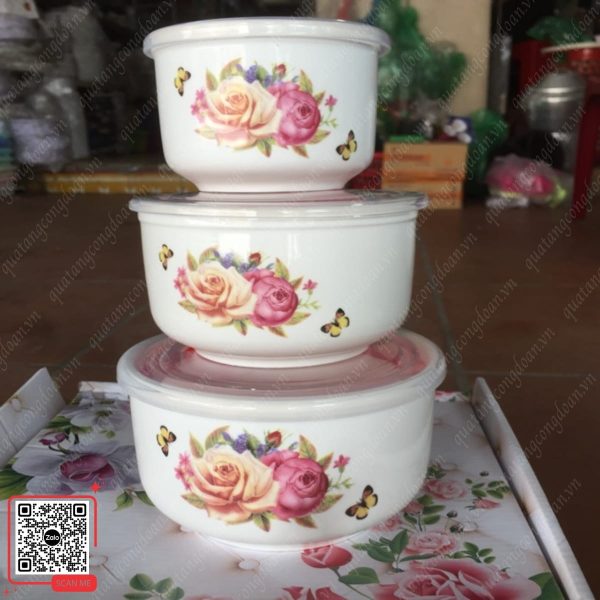 Bộ 3 Bát Sứ Có Nắp Hút Chân Không Tiện Lợi 7 Bộ bát sứ 3 chiếc in họa tiết đẹp làm quà tặng 8/3 cho công nhân nữ